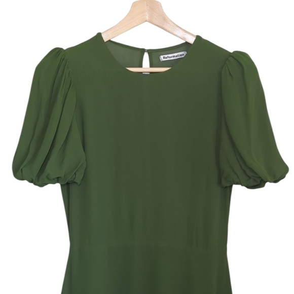 NWT | Reformation | Sandy Beth Moss Green Puff Sleeve Midi Dress - Picture 3 of 13